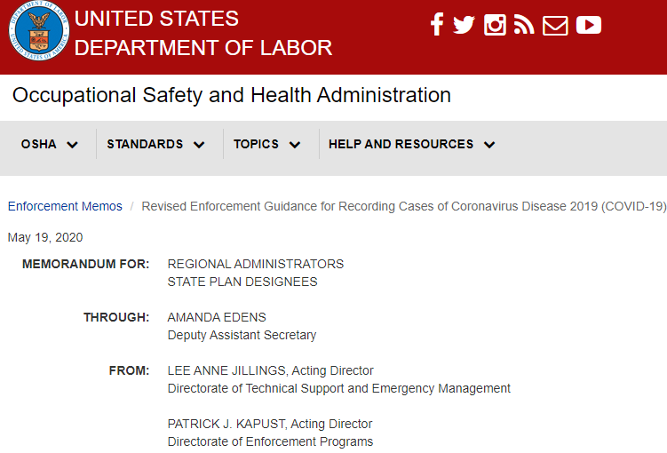 OSHA Revises Enforcement Guidance for Recording Cases of COVID-19