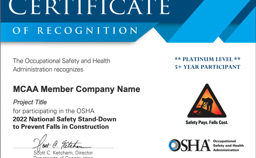 OSHA Safety Stand-Down Week Certificates Available